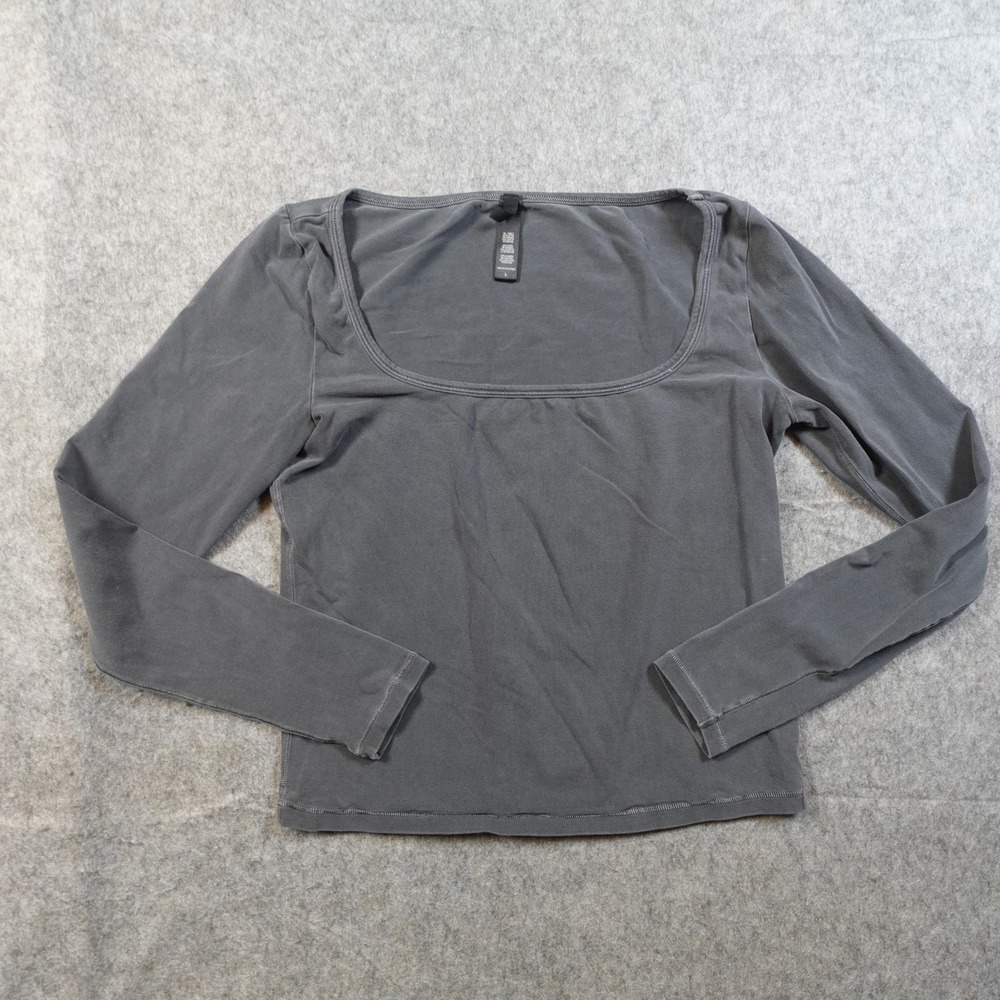 Skims Top Womens Large Washed Vintage Gray Square Scoop Neck Cropped Long Sleeve